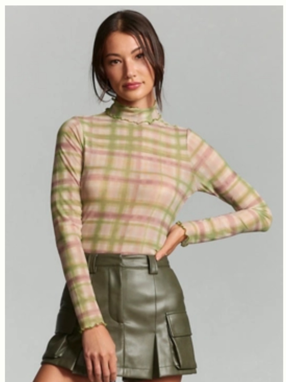 Pilcro Sheer Plaid Mock Neck Long Sleeve Top in Pink & Green
